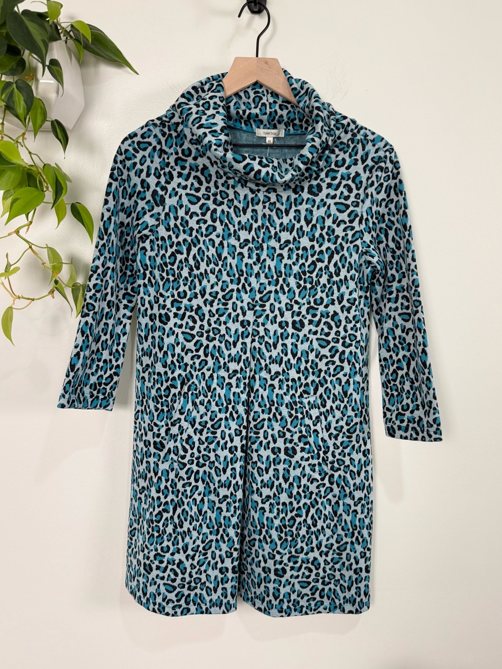 Tyler‎ Boe Teal Black Leopard Print Mini Dress 3/4 Sleeve Cowl Neck Mod Retro XS